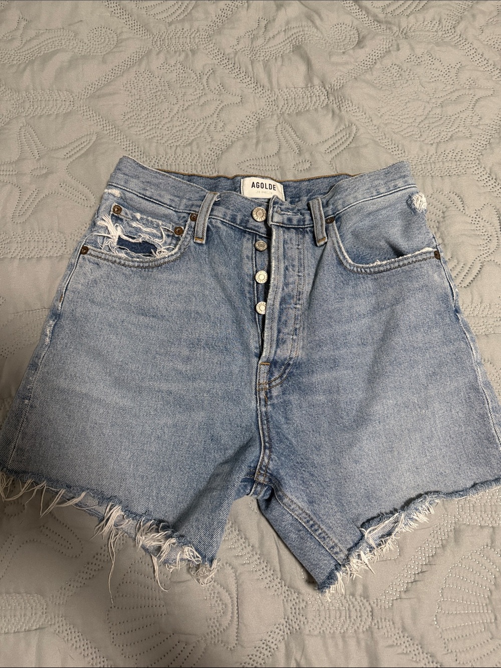 Agolde Light Blue Distressed High Waist Denim Shorts